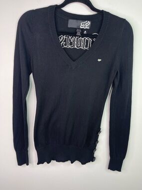 Y2k Fox Riders Women's Black V-Neck Light Weight Knit Sweater Size XS